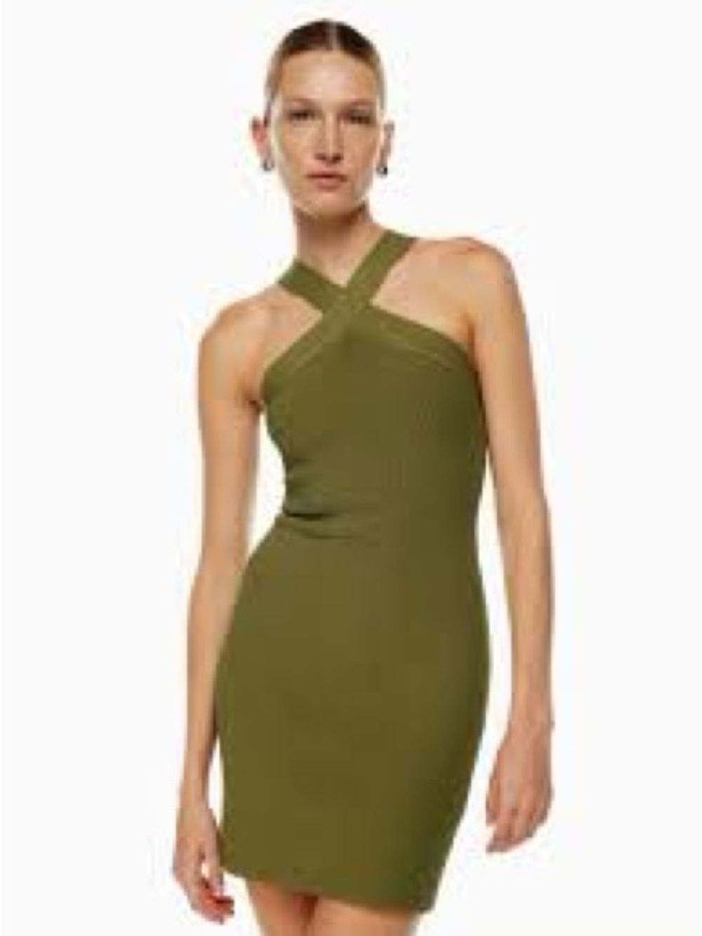 NWT Babaton Sculpt Knit Criss Cross Halter Mini Dress Ribbed S